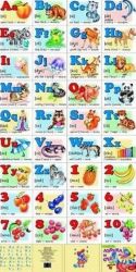 English alphabet with numbers, letters, words and translation into Russian. Alphabet and counting.