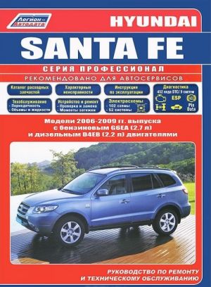 Hyundai Santa Fe. Modeli 2006-2009 gg. vypuska s benzinovym G6EA (2,7 l) i dizelnym D4EB (2,2 l Common Rail) dvigateljami. Rukovodstvo po remontu i tekhnicheskomu obsluzhivaniju